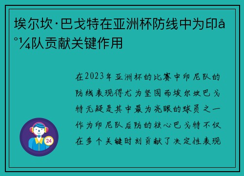 埃尔坎·巴戈特在亚洲杯防线中为印尼队贡献关键作用